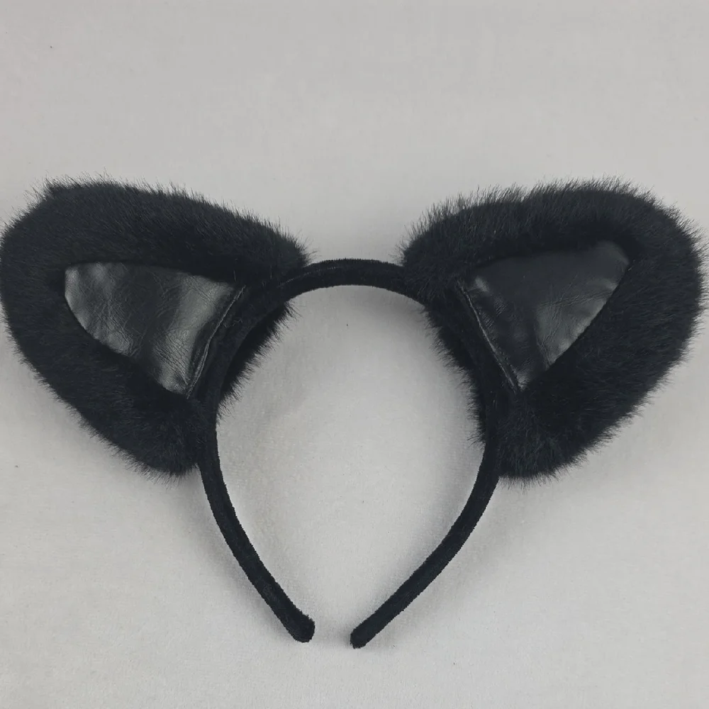 NWOT Black Fur And Leather Cat Ear Headband Cosplay